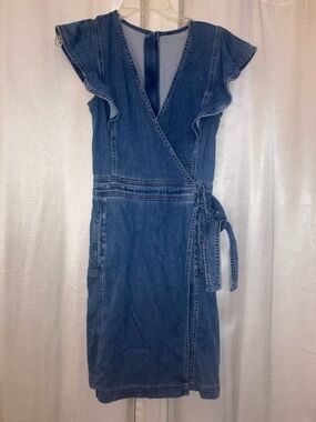 Source Unknown Blue Denim Wrap Midi Dress with Ruffle Sleeves